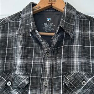 Kuhl Grey Plaid Flannel Shirt w 3vLogos, Button-Flap Pockets Sz M w MEASUREMENTS